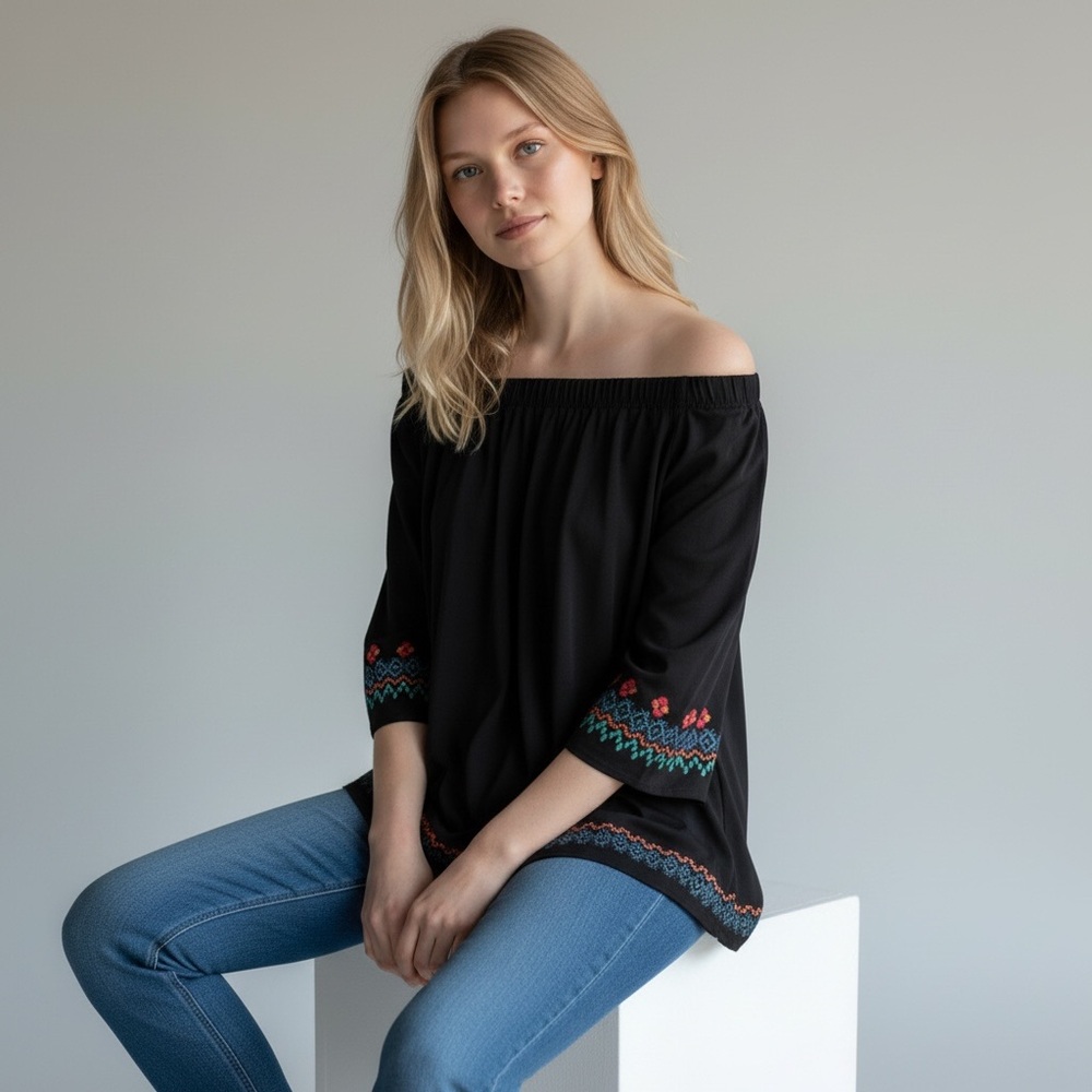 Loft Black Off-Shoulder Top with Embroidered Trim